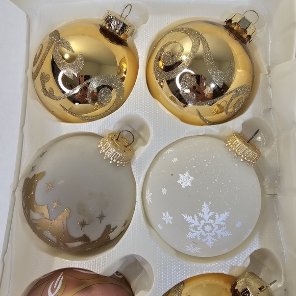 PASTEL VTG Glass Christmas Bulbs 12pc Nativity Snowflake Gold Mauve Xmas Tree - Picture 5 of 12
